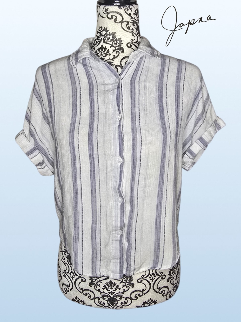 JAPNA Striped Button-Front Short Sleeve Shirt - Small